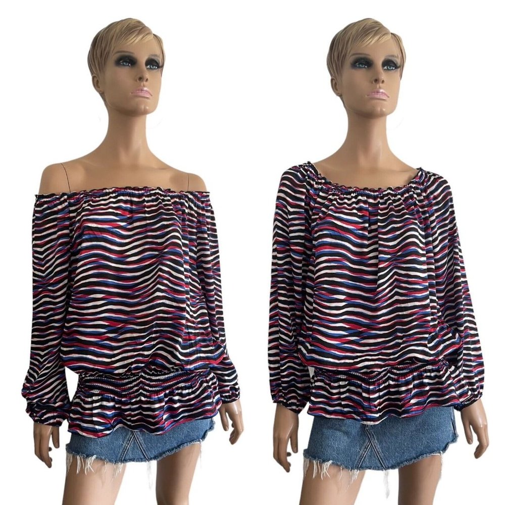 Michael Kors Red White Blue Black Stripe Tunic Blouse Off Shoulder - Size 1X
